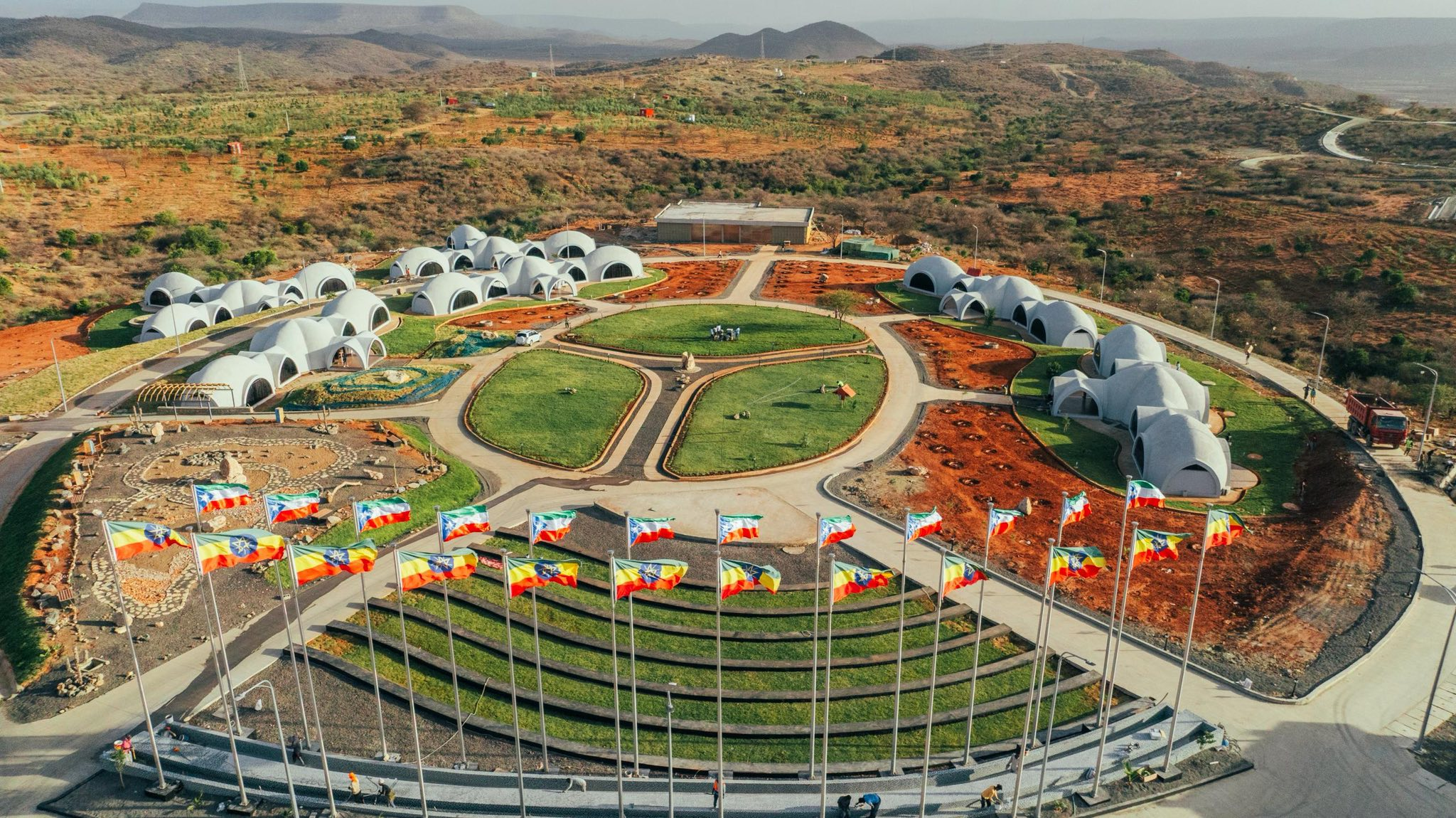 Aerial of the domed aqal pavilions and circular gardens of Shabeelay